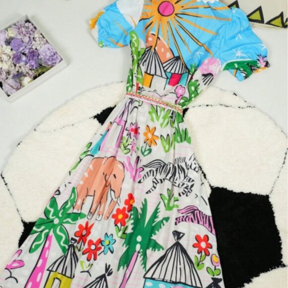 Boho Women's vacay Tropical Plant Print V-Neck Short Puff Sleeve maxi dress - Picture 8 of 8